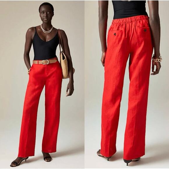 J. Crew Womens 100% Wide Leg High Rise Linen Harbor Pant CH853 Red Size L NWT